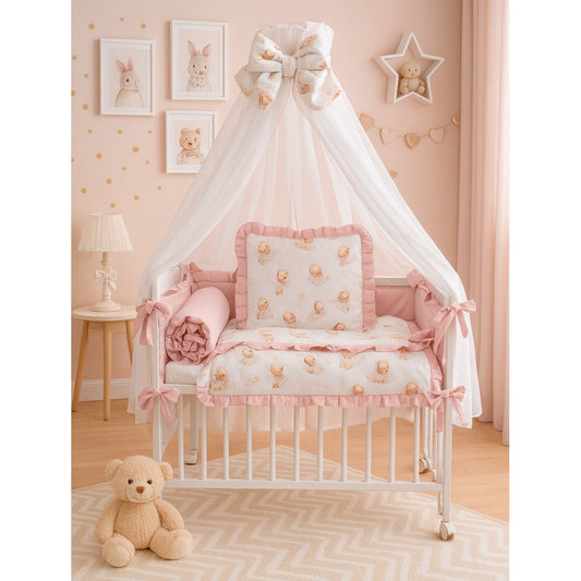 Babyhafen Beistellbett rosa mit Teddybären-Motiv und Himmel