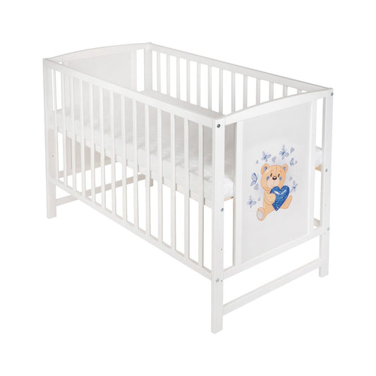 Modernes weißes Babybett mit blauem Herz und Teddybär Matratze– Babyhafen
