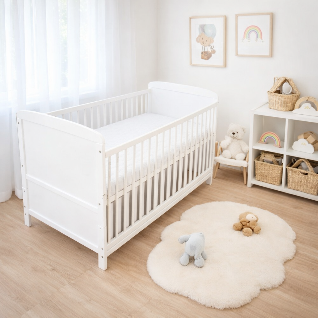 Helles Babyzimmer im skandinavischen Stil mit weißem Babybett 60×120 cm und Holzdetails