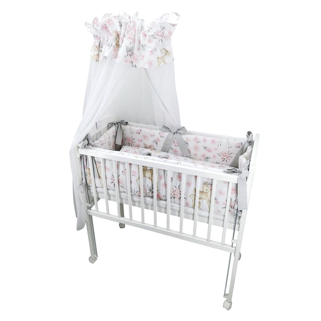 Romantisches Beistellbett Rehe 90x40 cm – Babybett Set mit Bettwäsche und Baldachin in Rosa Grau