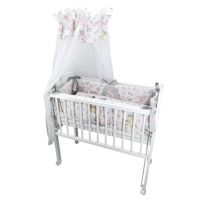 Romantisches Beistellbett Rehe 90x40 cm – Babybett Set mit Bettwäsche und Baldachin in Rosa Grau
