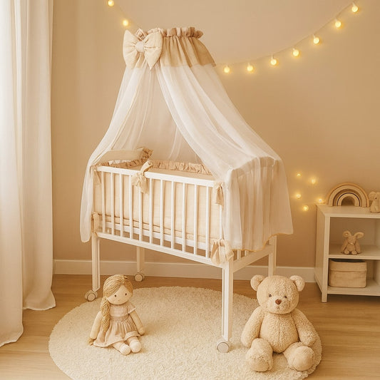 3-in-1 Babybett in Beige mit Himmel und Schleifen – stilvolles Musselin Komplettset von Babyhafen