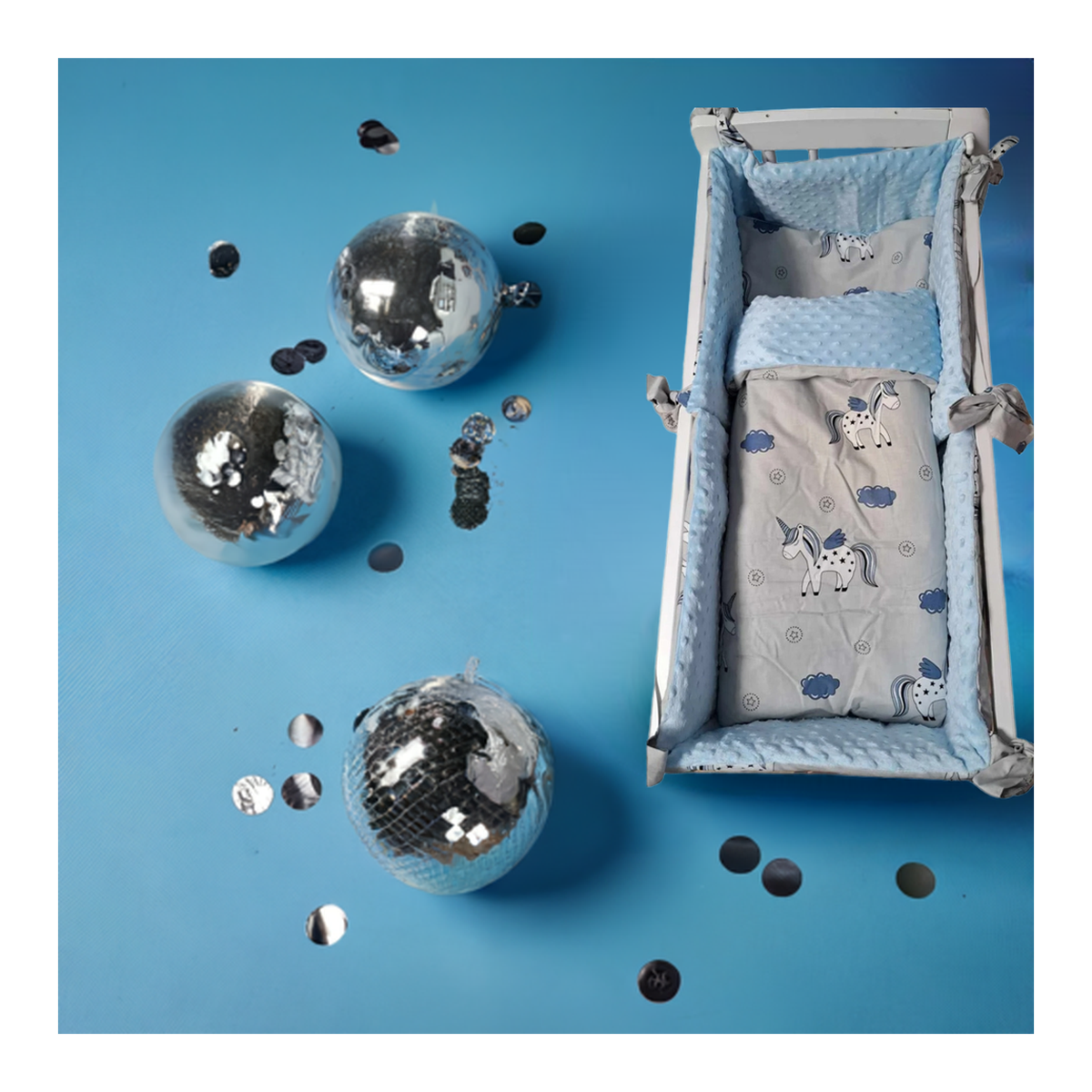 Wiegenset Einhorn, blau Minky (5-teilig) - babyhafen.de 