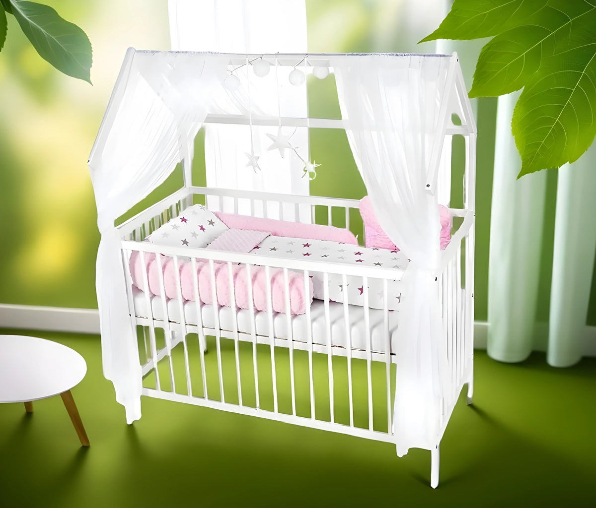 Hausbett Kinderbett 120x60 Matratze Minky Bettset Sterne Rosa - babyhafen.de 