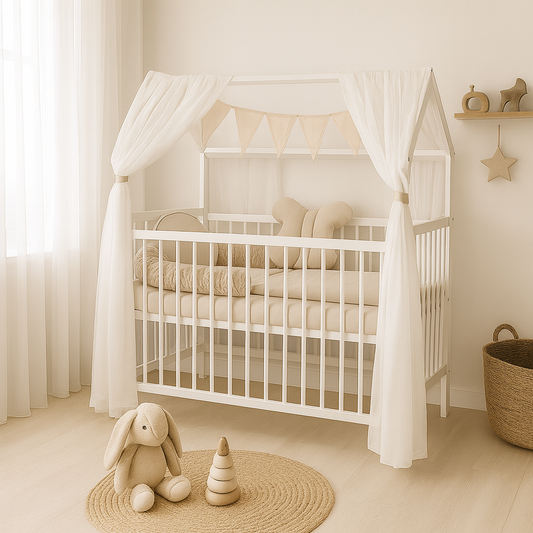 Babybett Komplettset Beige mit Baldachin im Hausstil-Kinderbett
