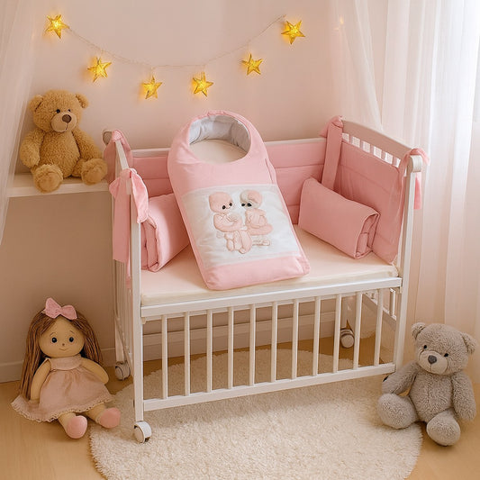 Babyhafen Beistellbett Weiß mit rosa Bio-Baumwolle Nestchen und Matratze