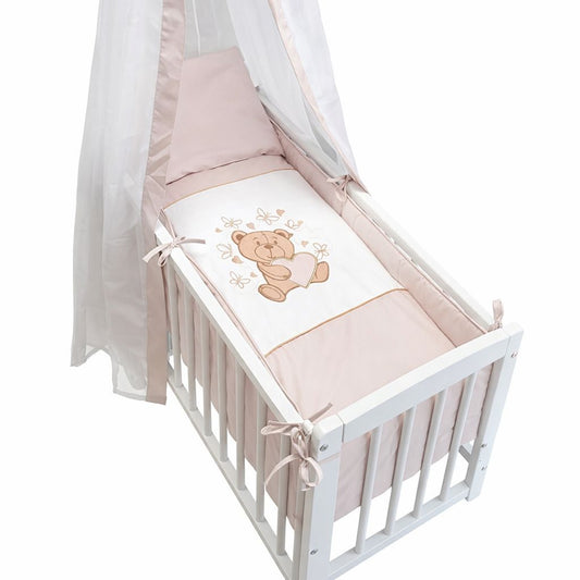 Babybett mit Himmel und Bärenmotiv in Beige-Weiß