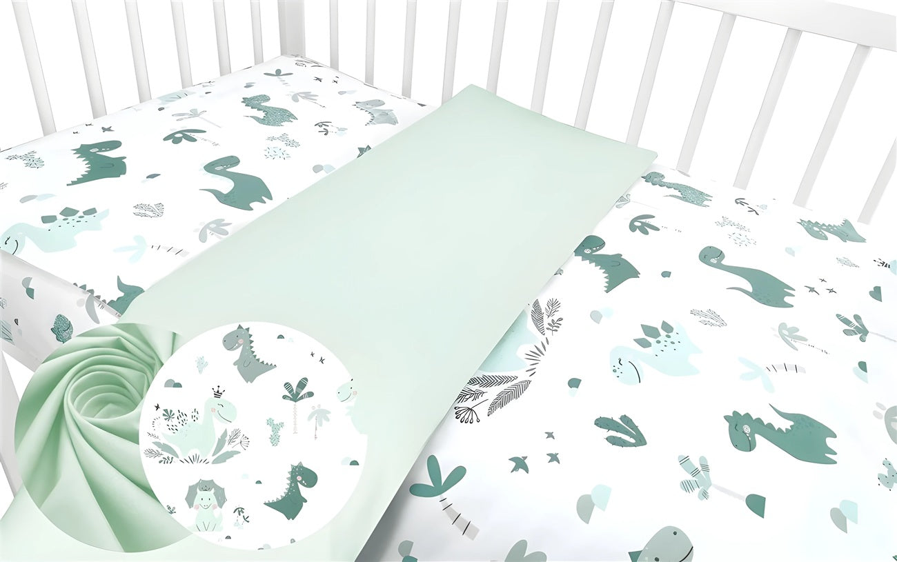Baby Bettwäsche Set 4-teilig – Dino Mint – Baumwolle mit Füllung - babyhafen.de 