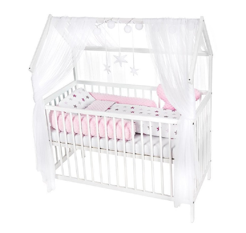 Hausbett Kinderbett 120x60 Matratze Minky Bettset Sterne Rosa - babyhafen.de 