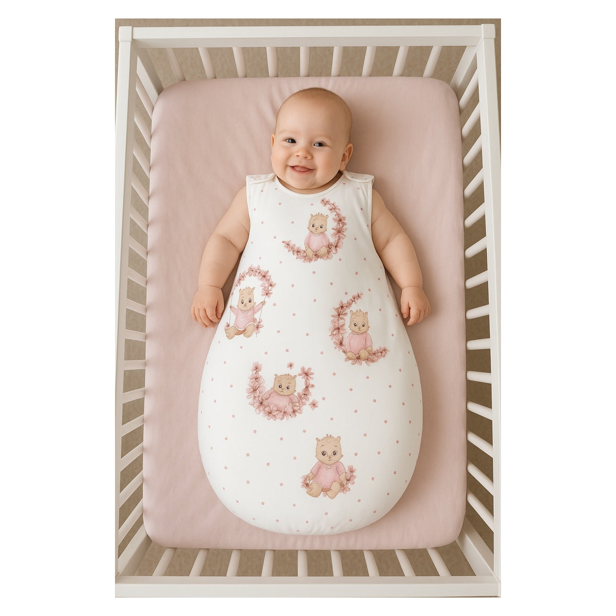 Babyschlafsack BETTY – Schlafsack aus Baumwolle mit rosa Bärchenmotiv, Größe 56–68