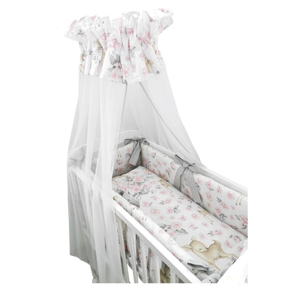 Beistellbett 90x40 cm für Neugeborene – Babybett Rehe mit Himmel und Schleifen in Grau Rosa