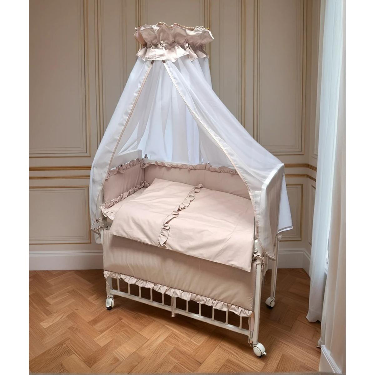 Beistellbett 90x40 cm in Weiß-Beige mit Rüschen, Baldachin und Rollen