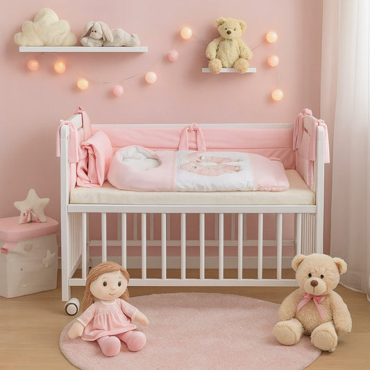 Rosa Babybett mit Schmetterling-Motiv und weichem Nestchen