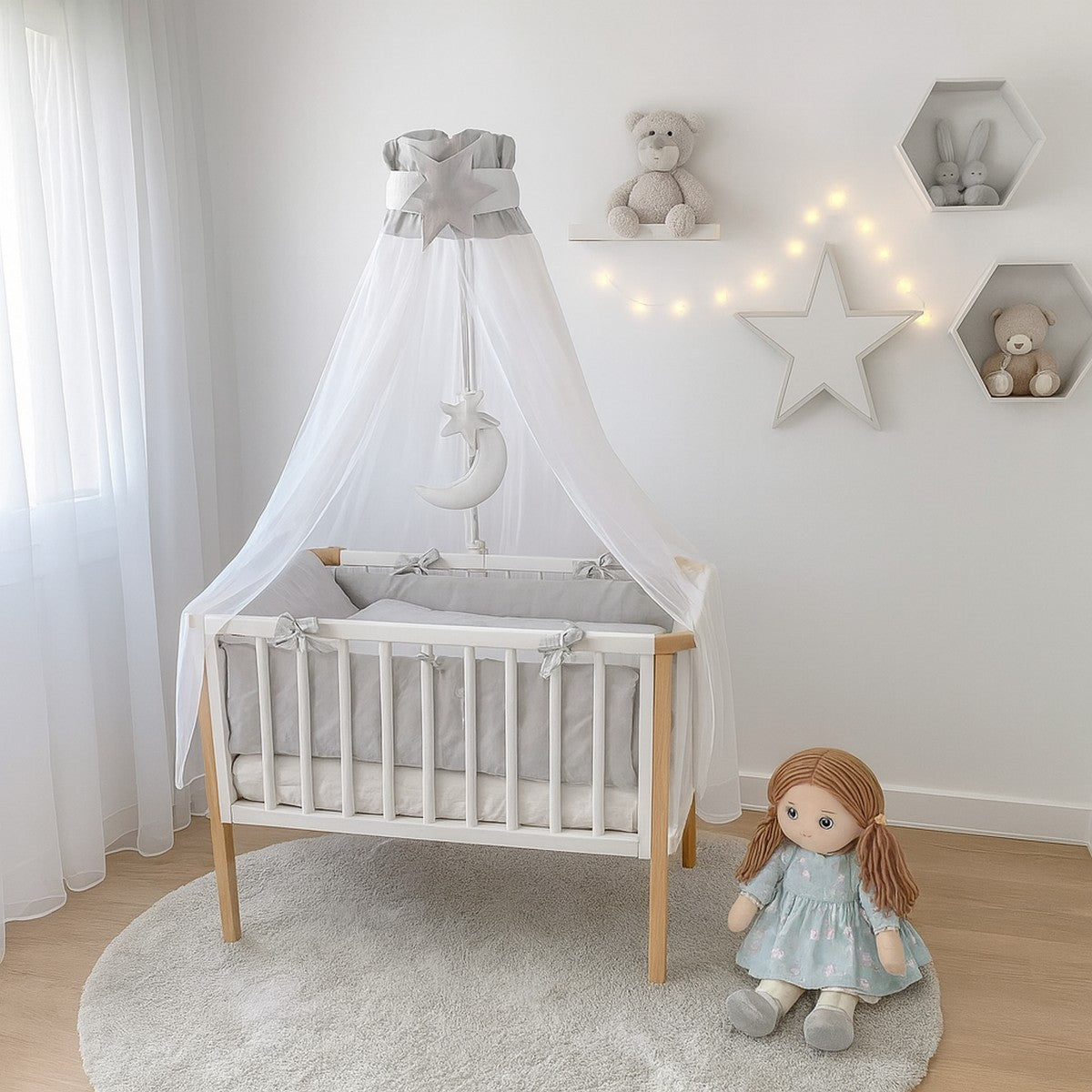 3-in-1 Beistellbett Grau – Komplettbett mit Himmel und Bettwäsche in Sternenoptik