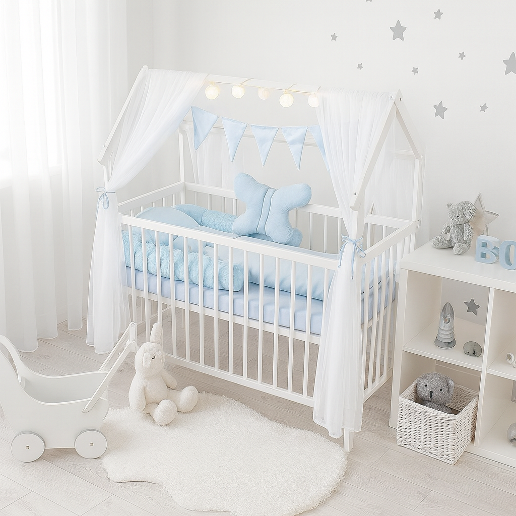 Babyhafen Royal Hausbett Kinderbett 60x120 Blau mit Matratze und Bettset