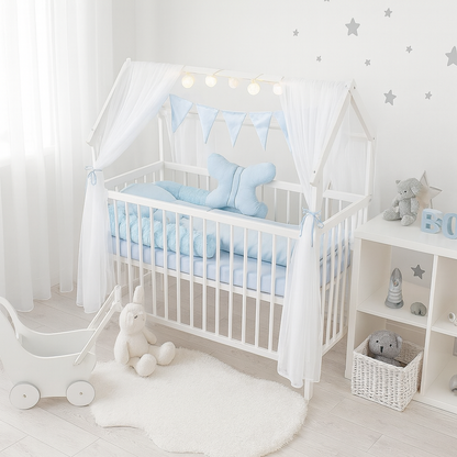 Babyhafen Royal Hausbett Kinderbett 60x120 Blau mit Matratze und Bettset