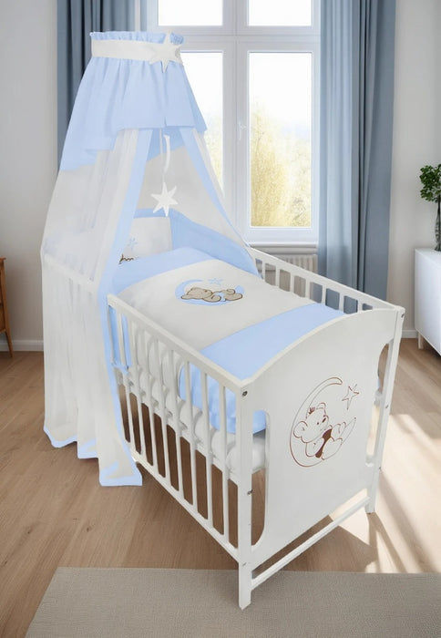 Komplettbett 120 × 60 Babybett Teddy auf dem Mond, blau - babyhafen.de 