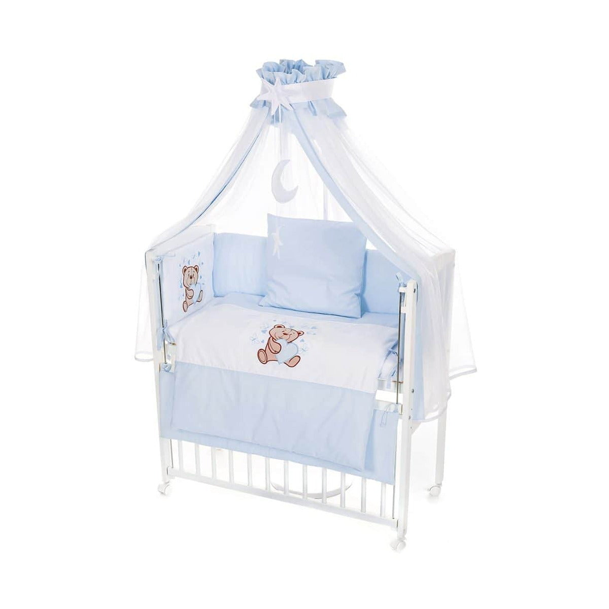 Mobiles Beistellbett mit Rollen Komplett Krabbeldecke Teddy Blau - babyhafen.de 
