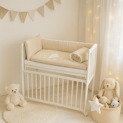 Beiges Baby Beistellbett mit Herzmotiv neben Elternbett – sicher und höhenverstellbar