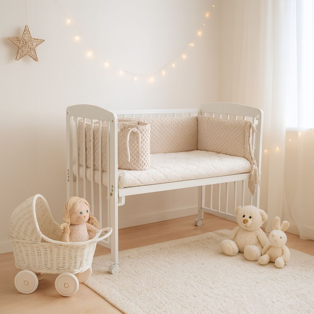 Baby Beistellbett 90x40 cm in Beige mit Matratze, Seitenansicht – Babyhafen