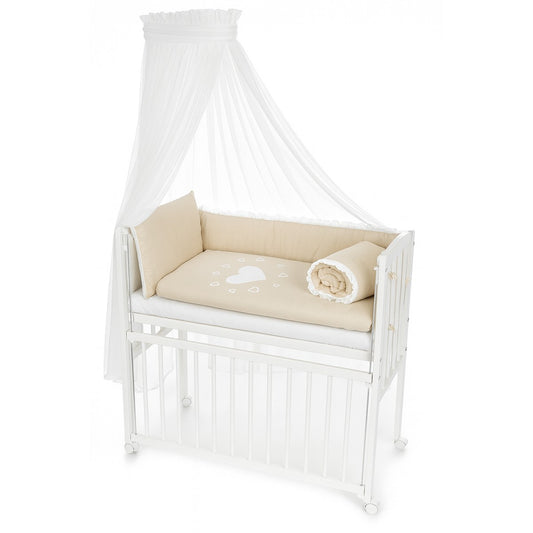 Babybett Beistellbett 90x40 cm weiß mit Himmel und Bettwäsche Herzen Beige