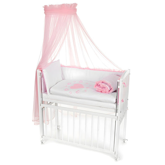 Mobiles Beistellbett 90x40 mit Rollen Komplett Herzen rosa - babyhafen.de 
