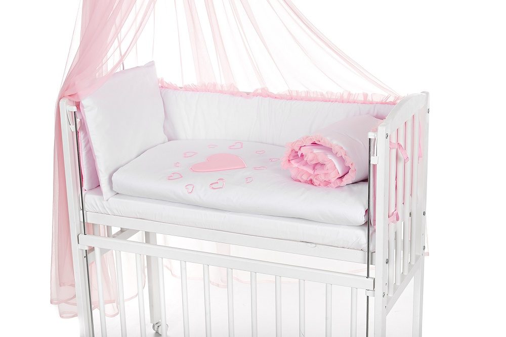 Mobiles Beistellbett 90x40 mit Rollen Komplett Herzen rosa - babyhafen.de 