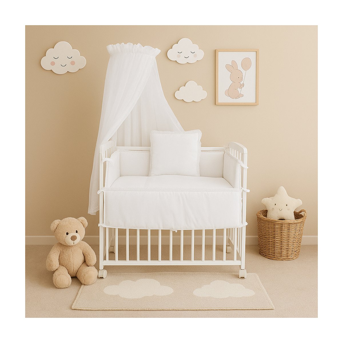 Babyhafen Beistellbett Weiß Komplettbett mit Spitze und Rüschen