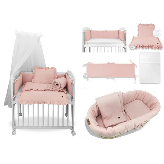 Beistellbett 40x90 mit Matratze, Himmel & 6tlg. Musselin Rosa Bettwäsche + Wagen-Set - babyhafen.de 