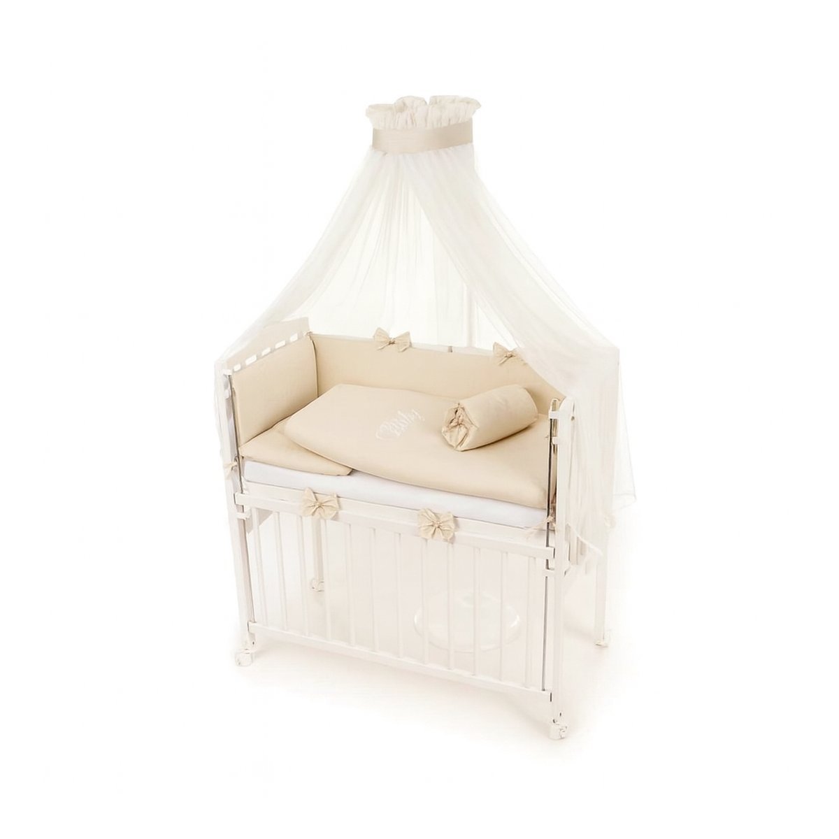 Babybett 90x40 Beige von Babyhafen, Komplettset mit Himmel und dekorativen Schleifen