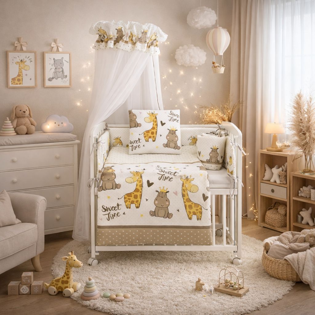 Elegantes Beistellbett für Babys mit Komplettbettwäsche und Baldachin im Natur-Design