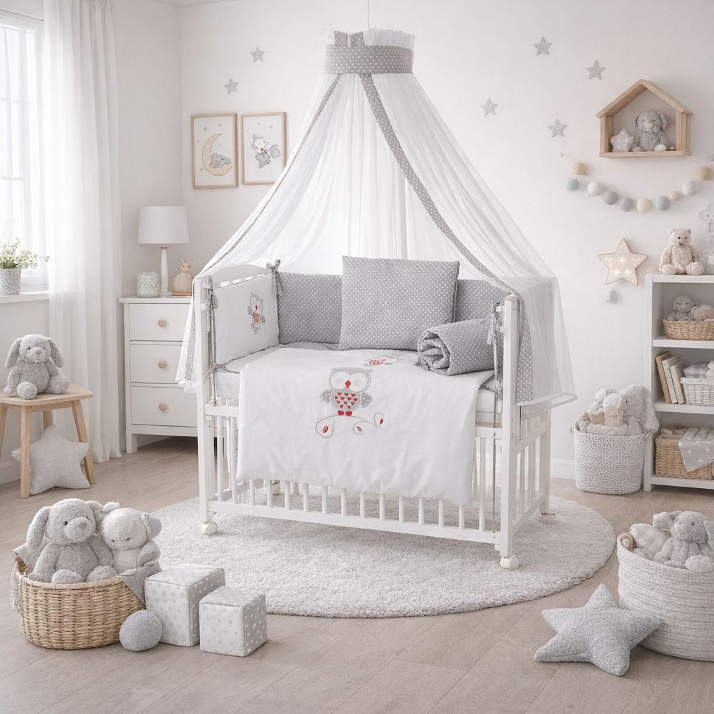 Babybett Beistellbett weiß mit grauer Stoffausstattung und Eule