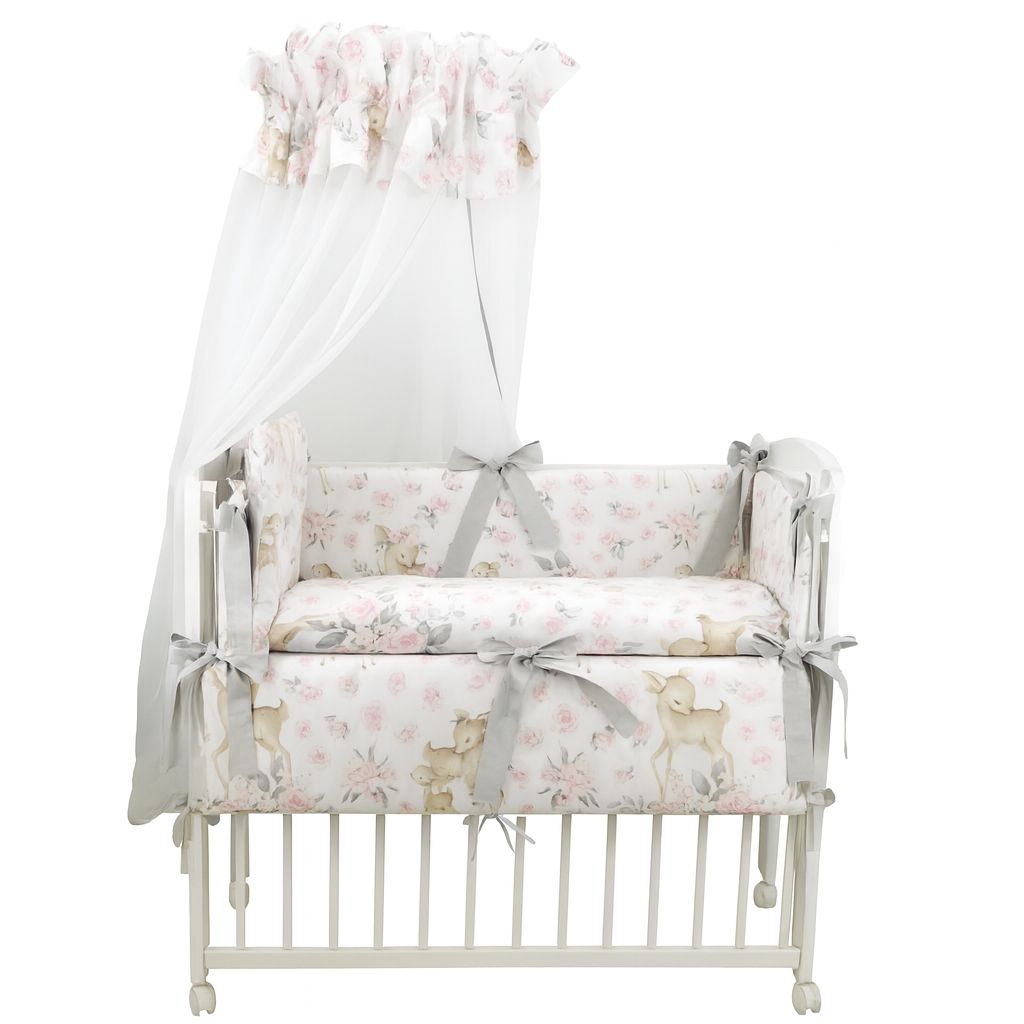 Babybett 90x40 von Babyhafen – Komplettset Rehe in sanften Rosa- und Grautönen