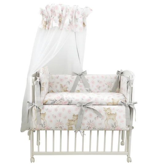 Babybett 90x40 von Babyhafen – Komplettset Rehe in sanften Rosa- und Grautönen