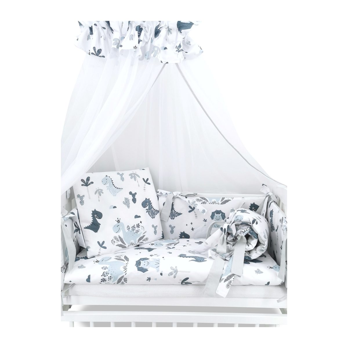 Komplettbett Babyhafen weiß mit Dino-Bettset und Baldachin