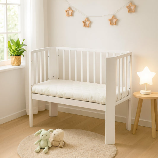 Beistellbett 90x40 Weiß aus Holz im modernen Babyzimmer mit Matratze