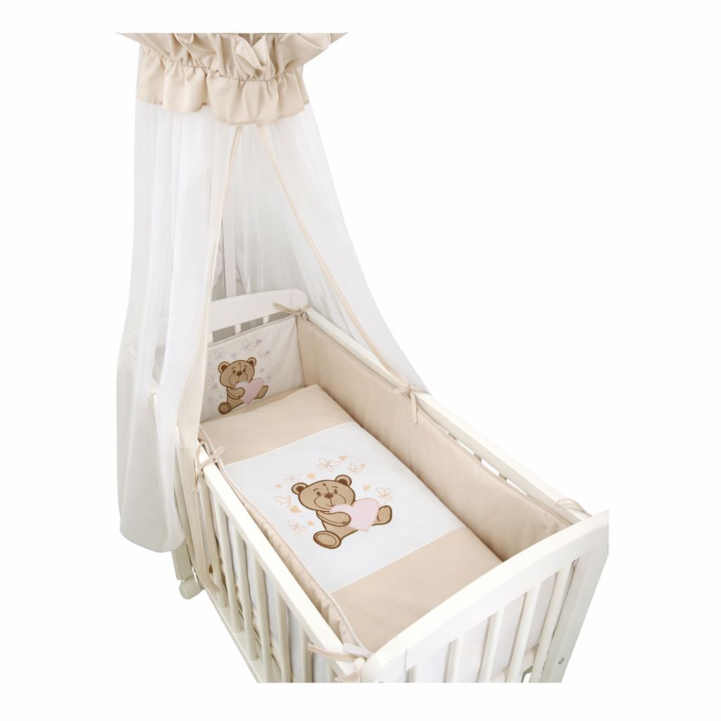 Baby Beistellbett 3in1 in Beige mit Himmel, Nestchen und bestickter Decke mit Teddybär