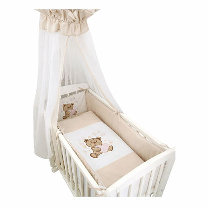 Baby Beistellbett 3in1 in Beige mit Himmel, Nestchen und bestickter Decke mit Teddybär