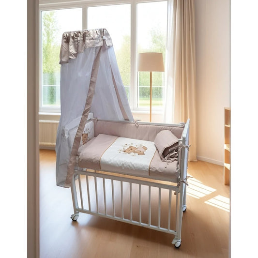 Beistellbett Knuddelbärchen Holz mit Matratze & beige Bettwäsche