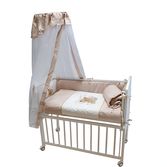 Beistellbett Babybett beige mit Bettwäsche, Kissen und Matratze