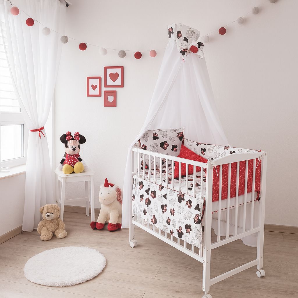 Babybett Set Weiß mit Himmel, Bettset Minnie Maus Rot-Weiß - babyhafen
