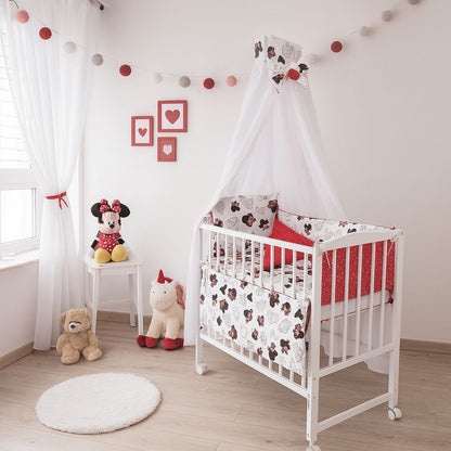Babybett Set Weiß mit Himmel, Bettset Minnie Maus Rot-Weiß - babyhafen
