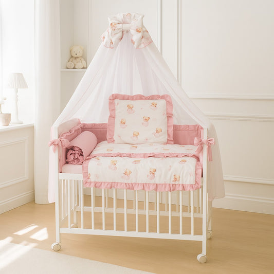 Babyhafen 3in1 Beistellbett Musselin Rosa – Weißes Babybett mit Himmel, Schleife und Teddybär-Motiven in Rosa