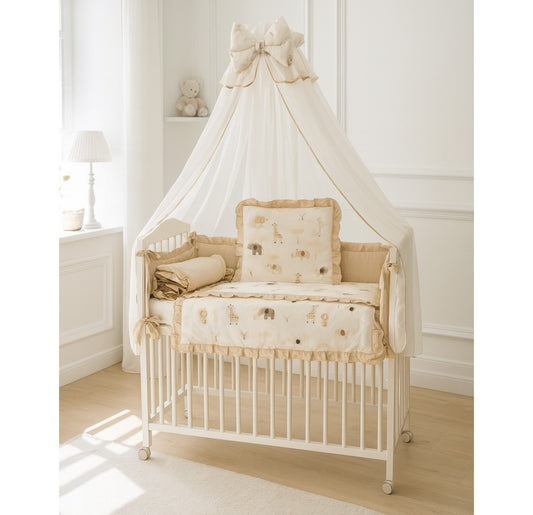 Babyhafen 3in1 Beistellbett Musselin Safari – Weißes Babybett mit Himmel, Schleife und Safari-Motiven im warmen Beigeton