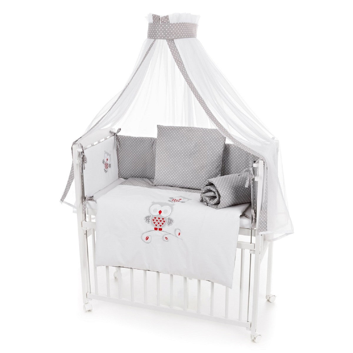 Beistellbett mit Matratze & Nestchen – Eulenmotiv Grau - babyhafen.de 