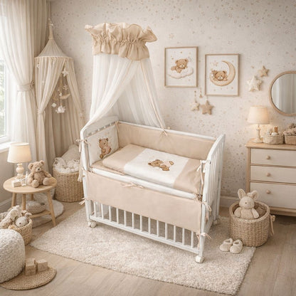 Weißes Babybett mit Himmel und Teddybär-Bettwäsche in stilvollem skandinavischem Babyzimmer