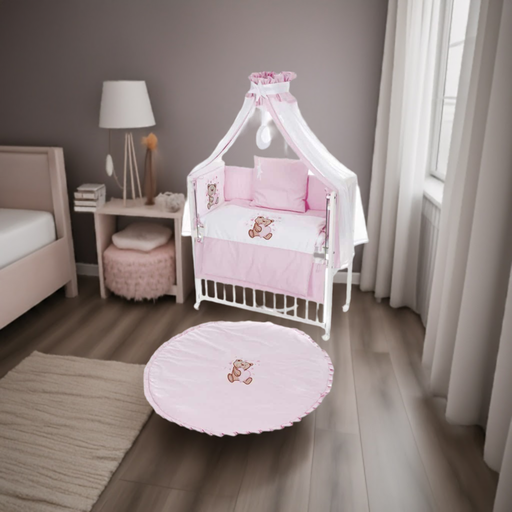 Beistellbett mit Rollen komplett inkl. Krabbeldecke Teddy rosa - babyhafen.de 