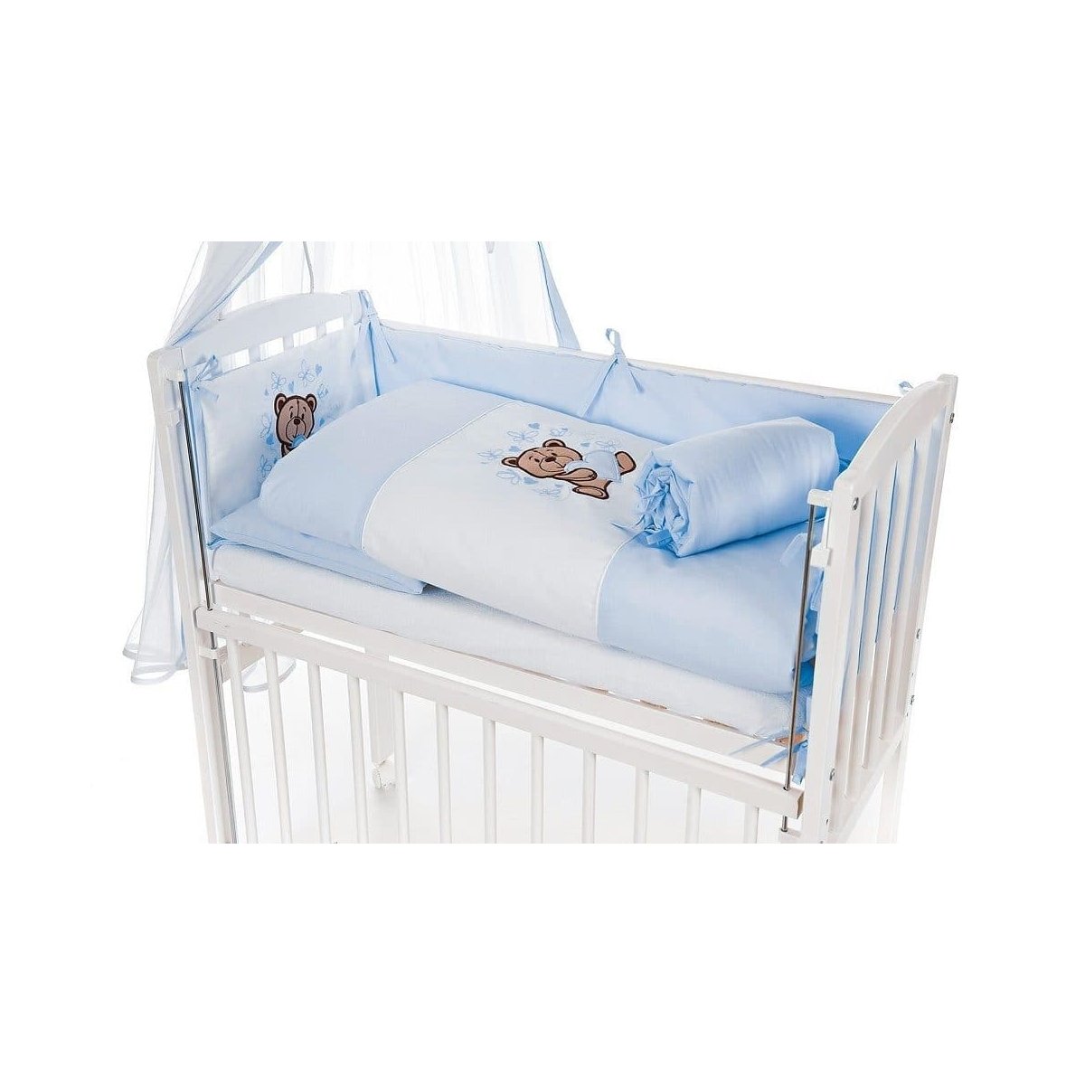 Beistellbett Weiß Boxspring mit Teddybär-Blau-Bettwäsche und Himmel