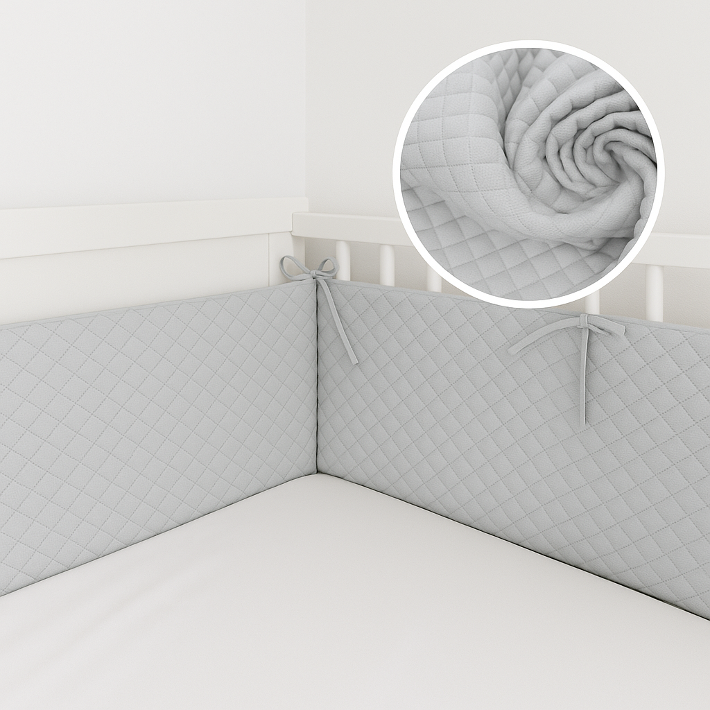 Babybett Nestchen Samt Grau gesteppt weich gepolstert_Bettumrandung