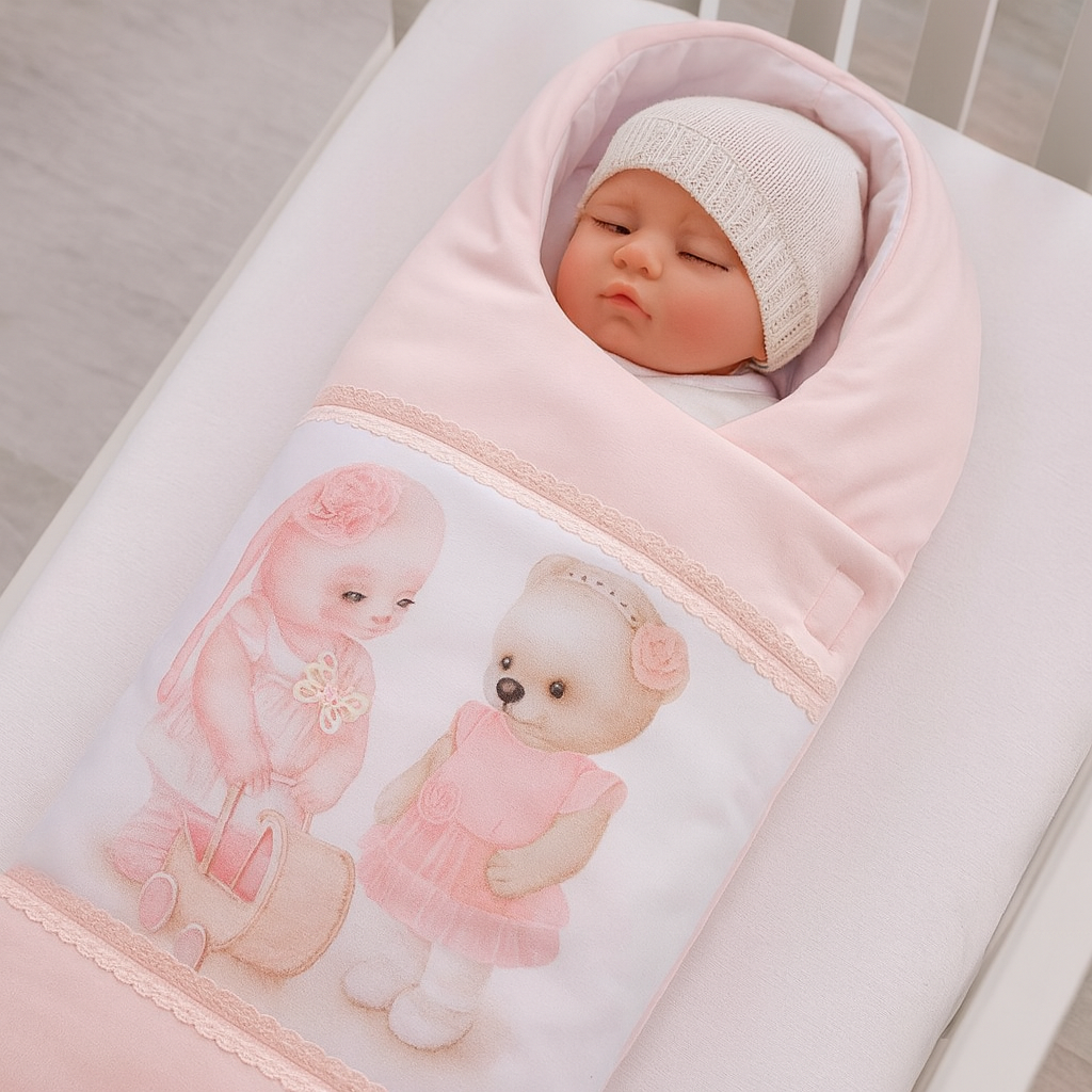 Baby Einschlagdecke Rosa mit niedlichem Teddy und Häschen Druck